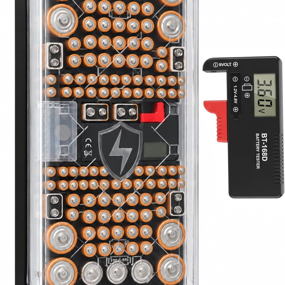 Battery Organizer Storage Case with Digital Tester, Holds 136 Batteries